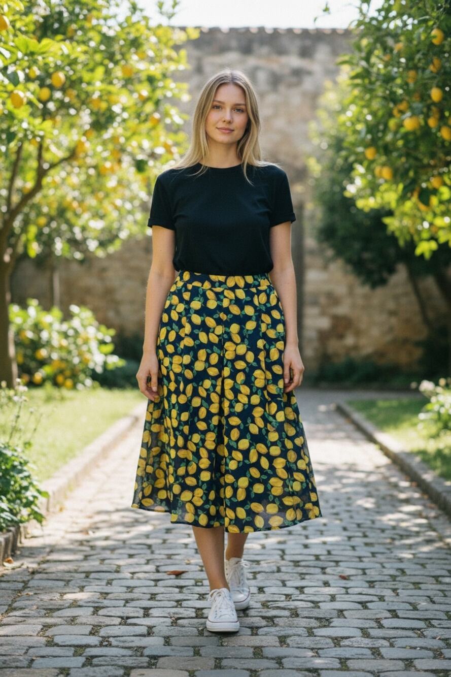 THE LIMITED Skirt Size 6 Tall Navy Blue Yellow Lemons Pockets Midi